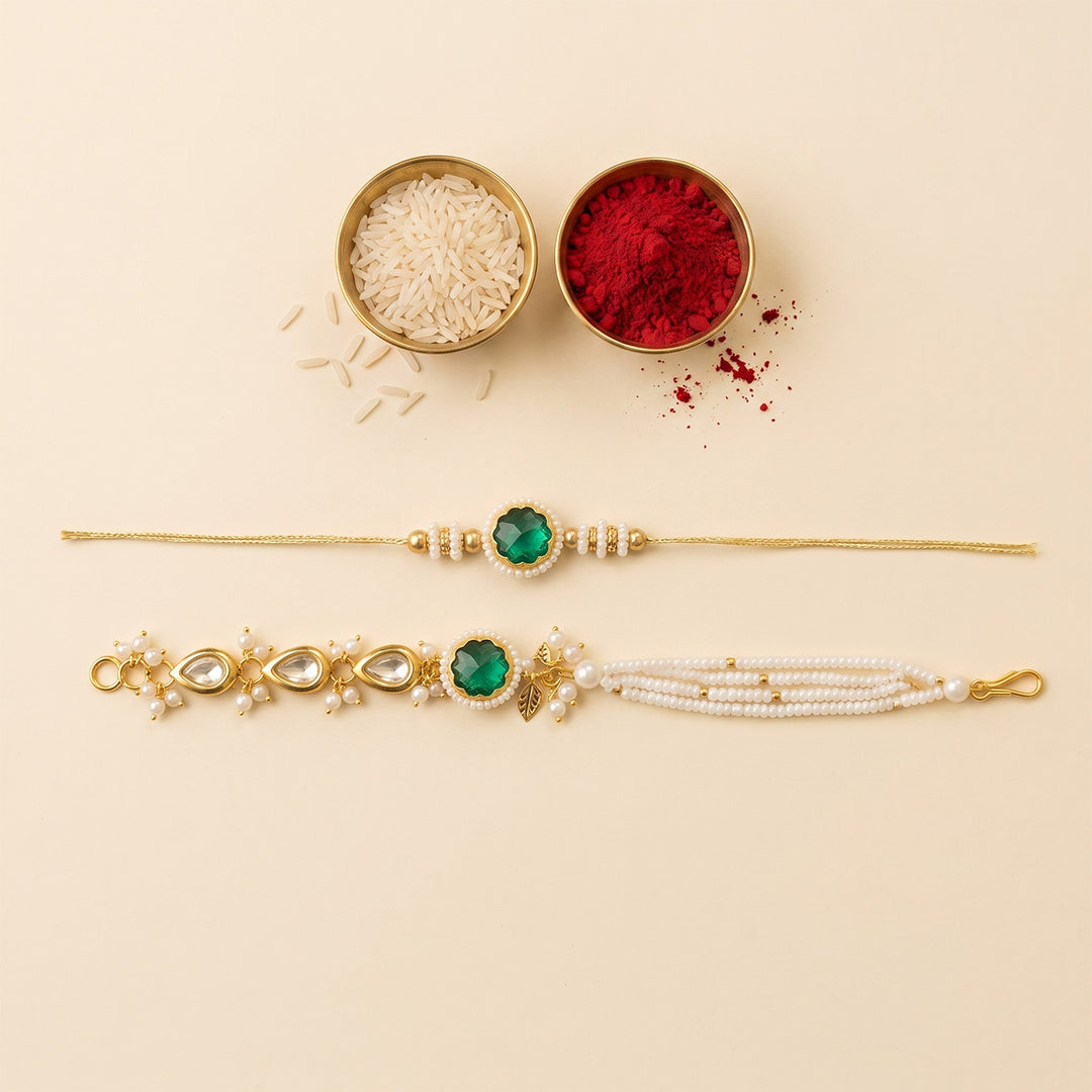 Reusable Emerald & Pearl Couple Rakhi For Bhaiya Bhabhi With Roli Chawal | Set of 2