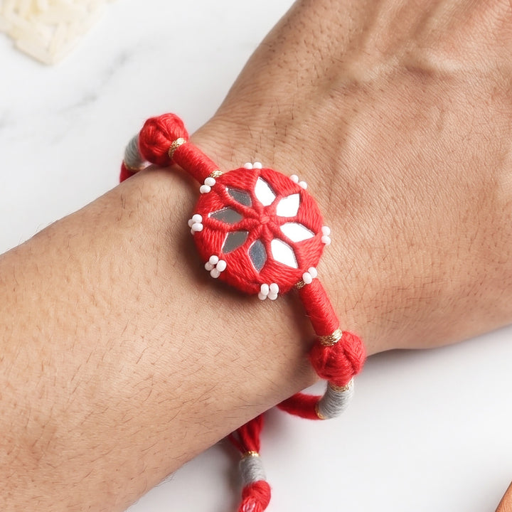 Handmade Mirror Work Patwa Red Cotton Rakhi With Roli Chawal