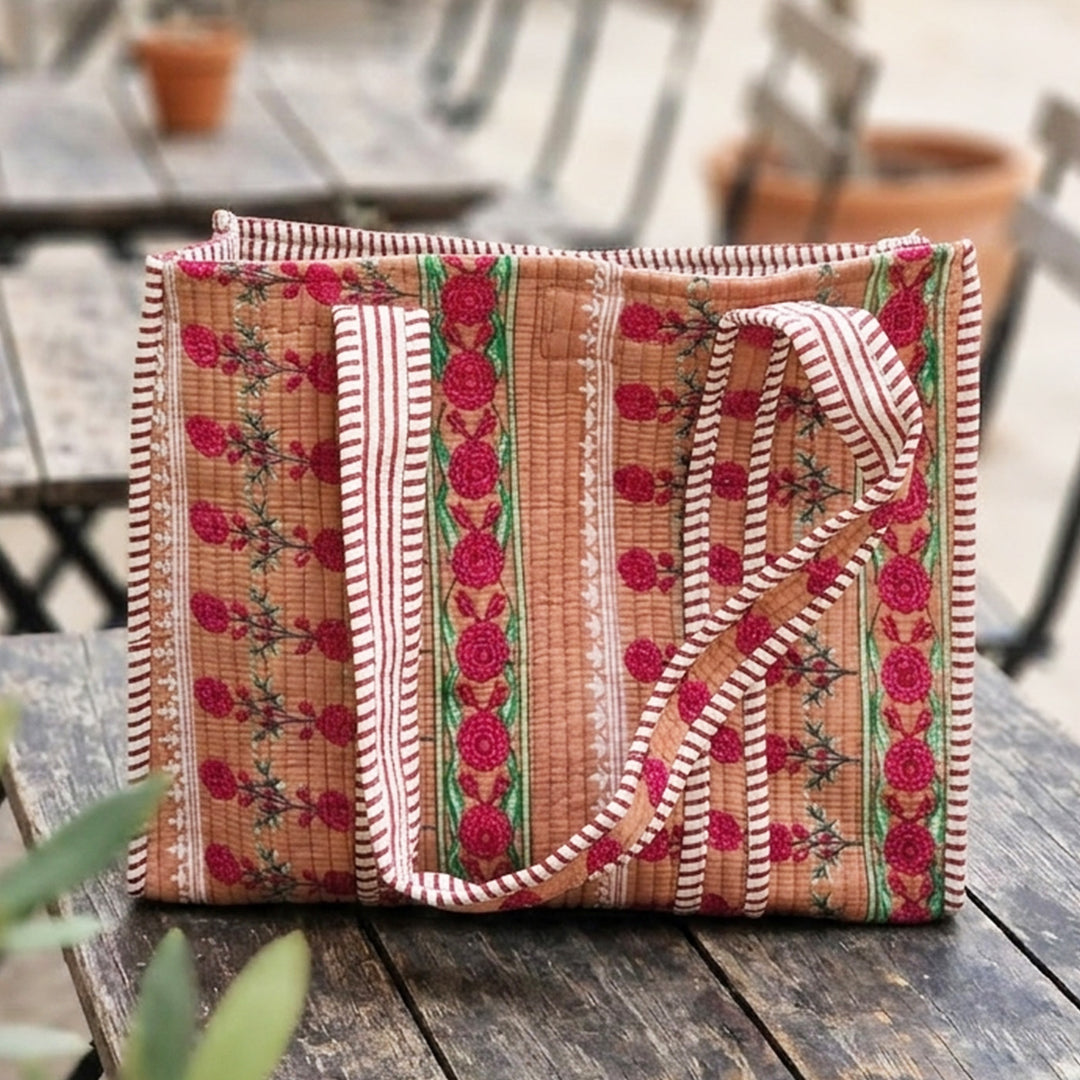 Handmade Pink Indie Floral Cotton Tote Bag