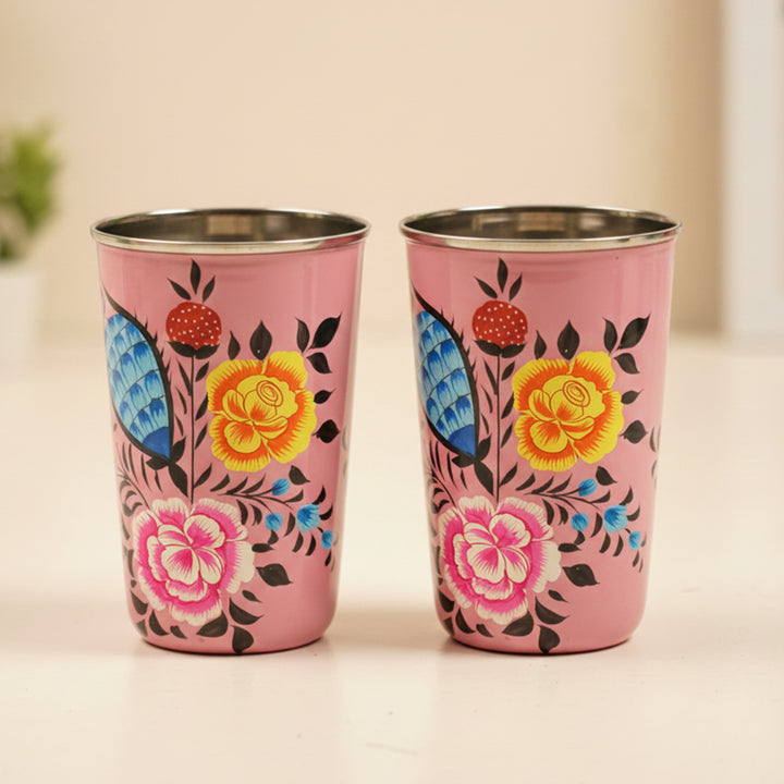 2Pc | Hand-Painted Pink Floral Kashmiri Art Stainless Steel Large Glasses