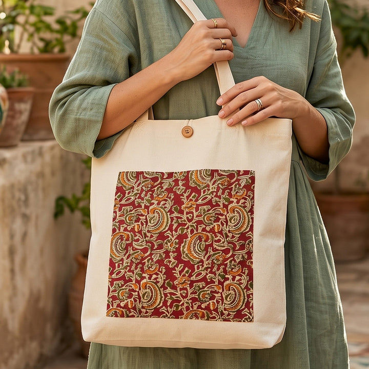 Handcrafted Foldable Kalamkari Cotton Tote Bag