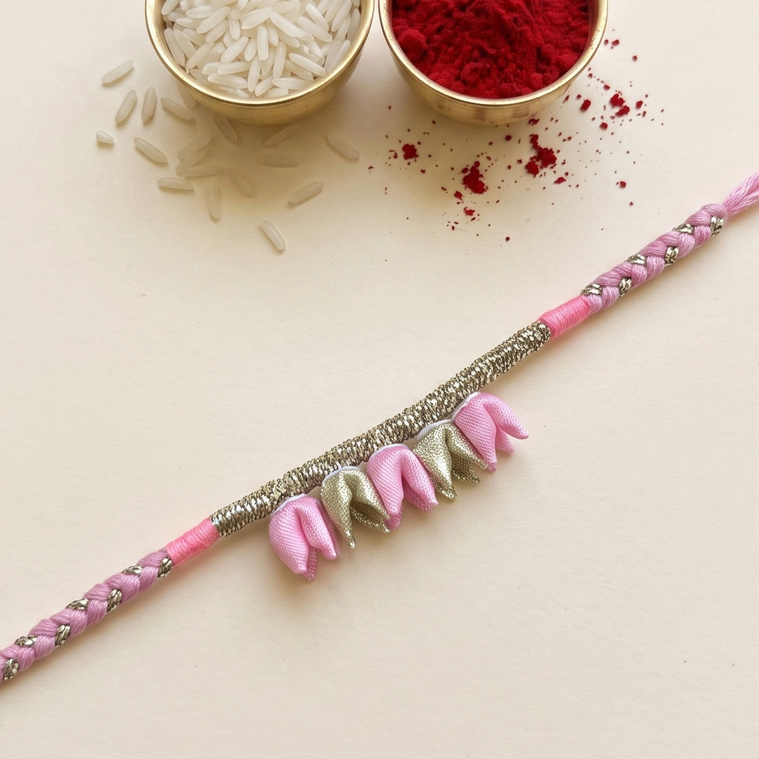Handcrafted Tulip Bud & Silver Zari Silk Fabric Rakhi For Brother With Roli Chawal