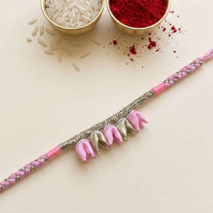 Handcrafted Tulip Bud & Silver Zari Silk Fabric Rakhi For Brother With Roli Chawal