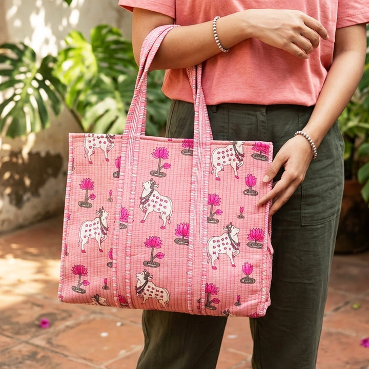 Handmade Pichwai & Rose Cotton Tote Bag