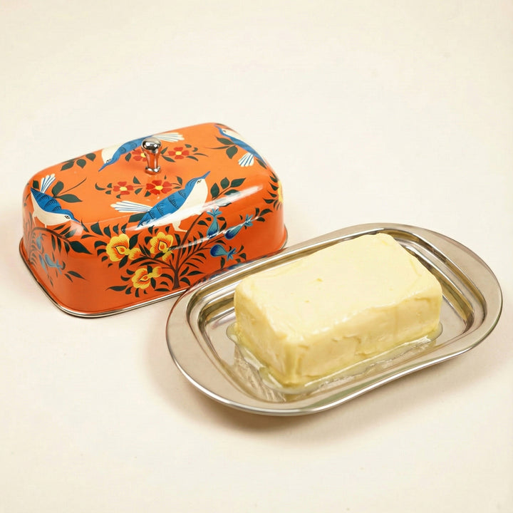 Hand-Painted Orange Birds Kashmiri Art Stainless Steel Butter Dish