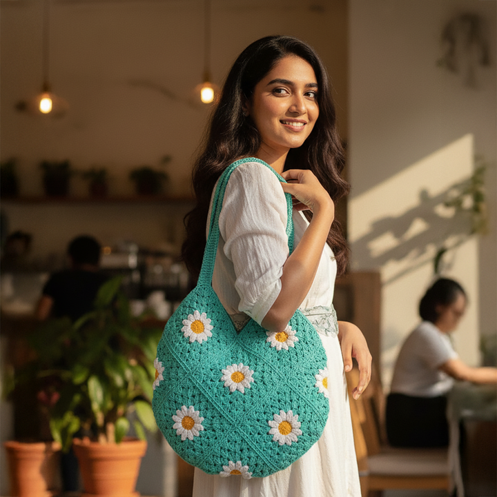 Handmade Crochet Pink Daisy Hobo Shoulder Bag