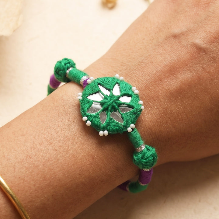 Handmade Mirror Work Patwa Green Cotton Rakhi With Roli Chawal