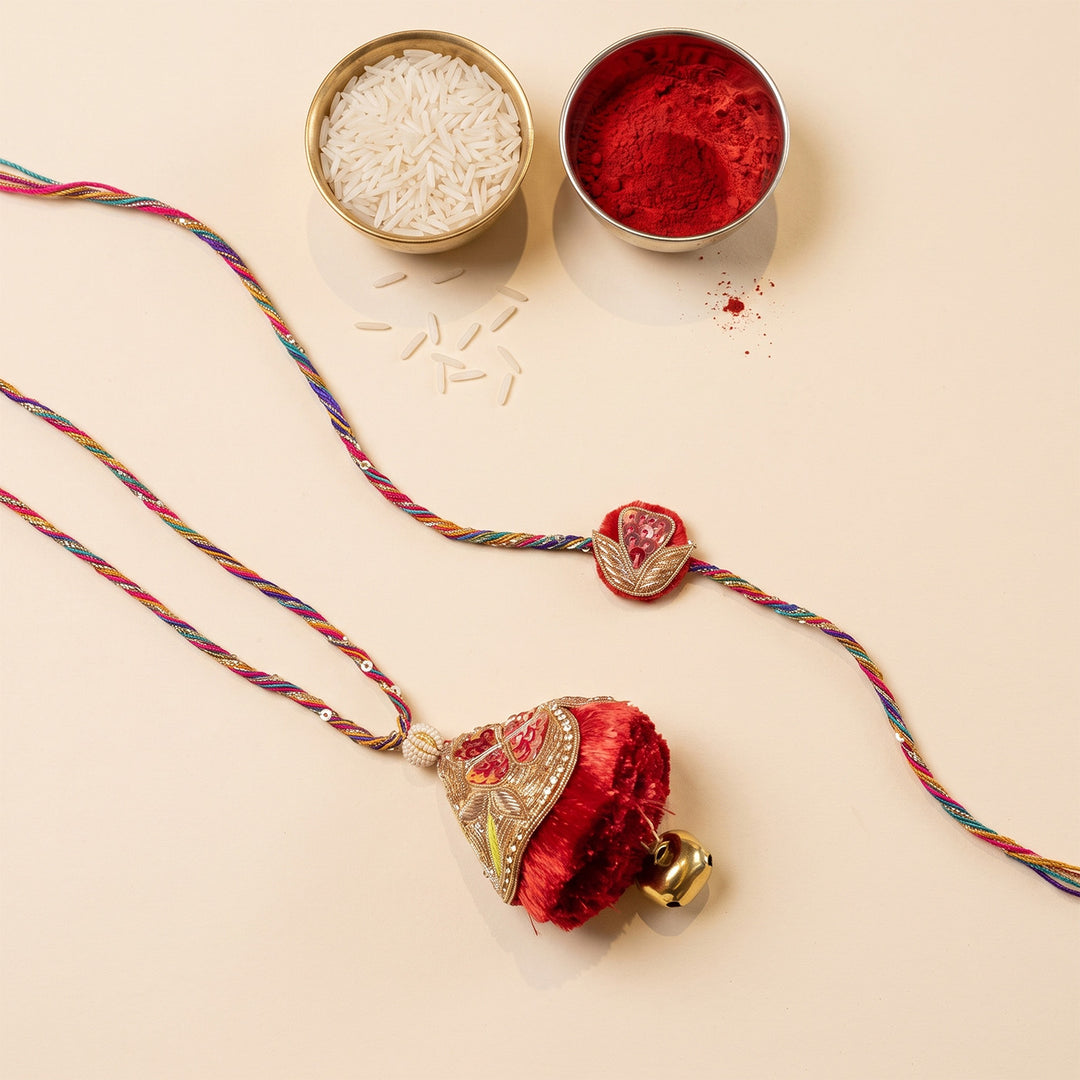 Red Velvet Jhumka Motif Rakhi With Decorative Charm Reuse For Bhaiya Bhabhi