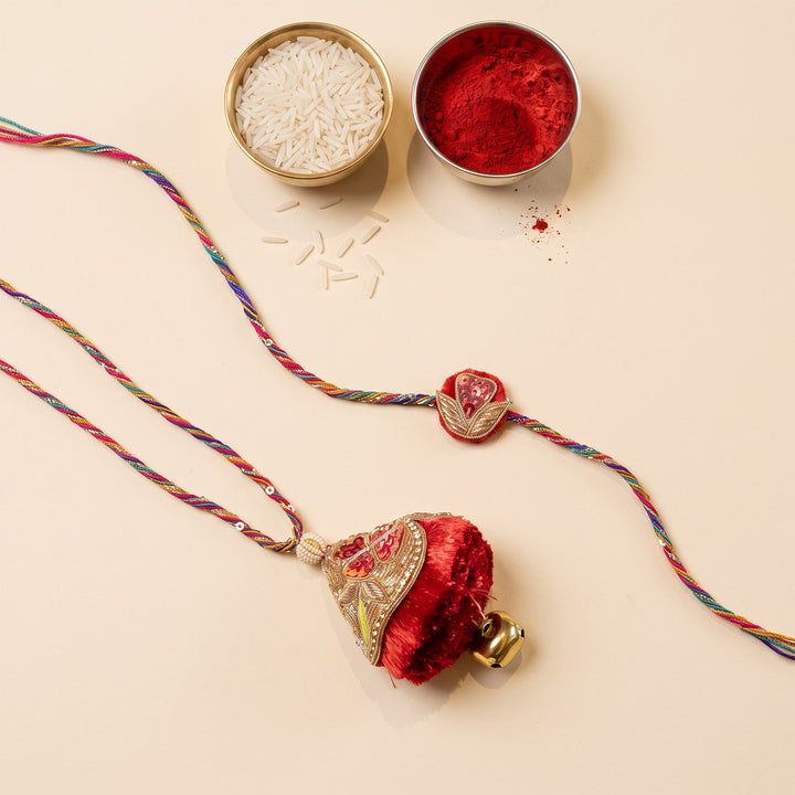 Red Velvet Jhumka Motif Rakhi With Decorative Charm Reuse For Bhaiya Bhabhi