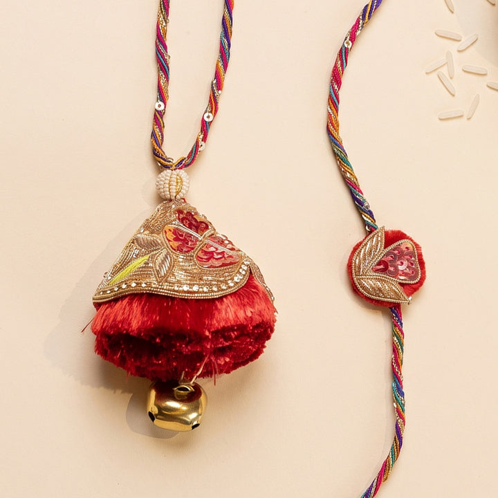 Red Velvet Jhumka Motif Rakhi With Decorative Charm Reuse For Bhaiya Bhabhi