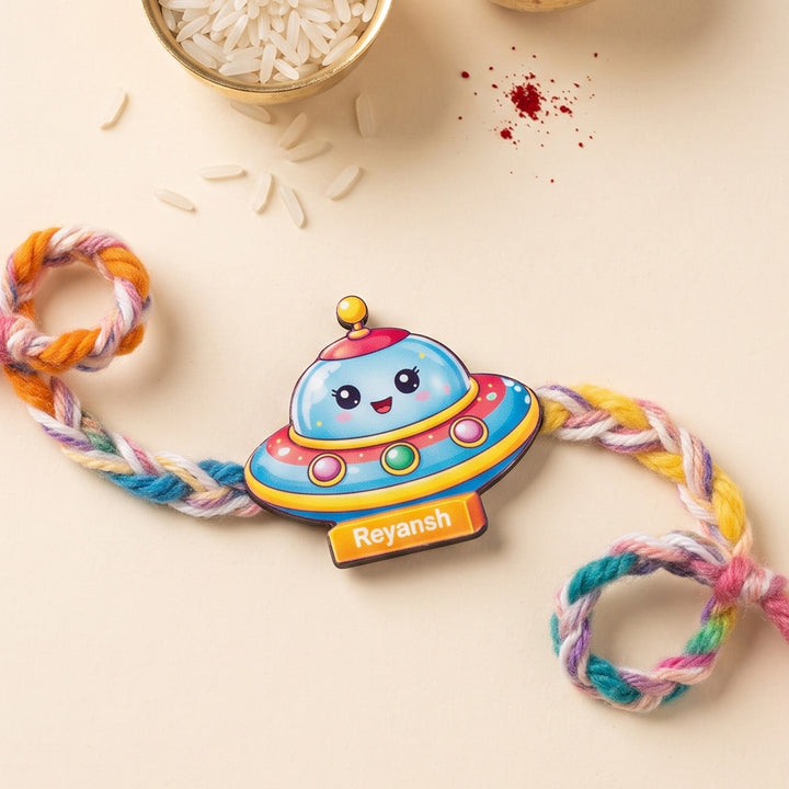 Personalized Reusable Disc Spaceship MDF Wood Rakhi With Roli Chawal