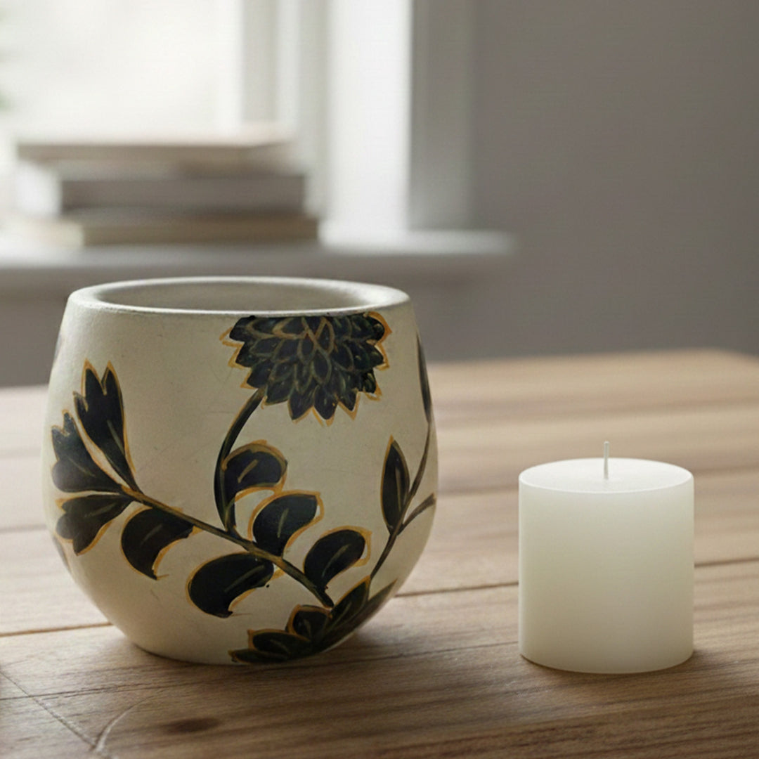 Hand-Painted Black Floral Terracotta Candle Holder With Candle