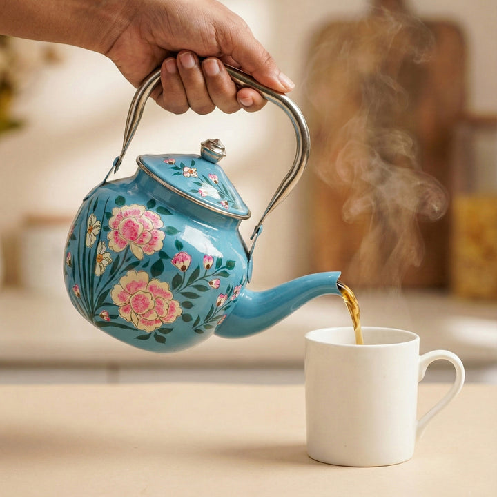 Hand-Painted Pastel Blue Floral Kashmiri Art Stainless Steel Teapot