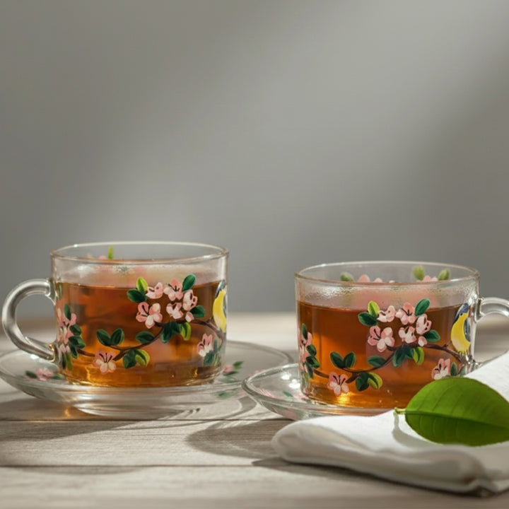 Hand-Painted Cherry Blossom Glass Tea Cups With Saucers