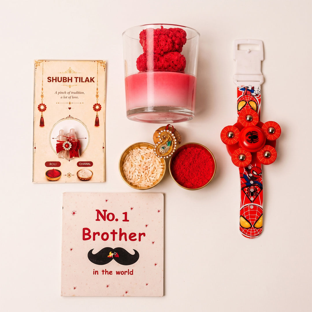 Kids "Chotu Bhai" Teddy Candle Rakhi Hamper With Spinner Rakhi & Roli Chawal For Brother