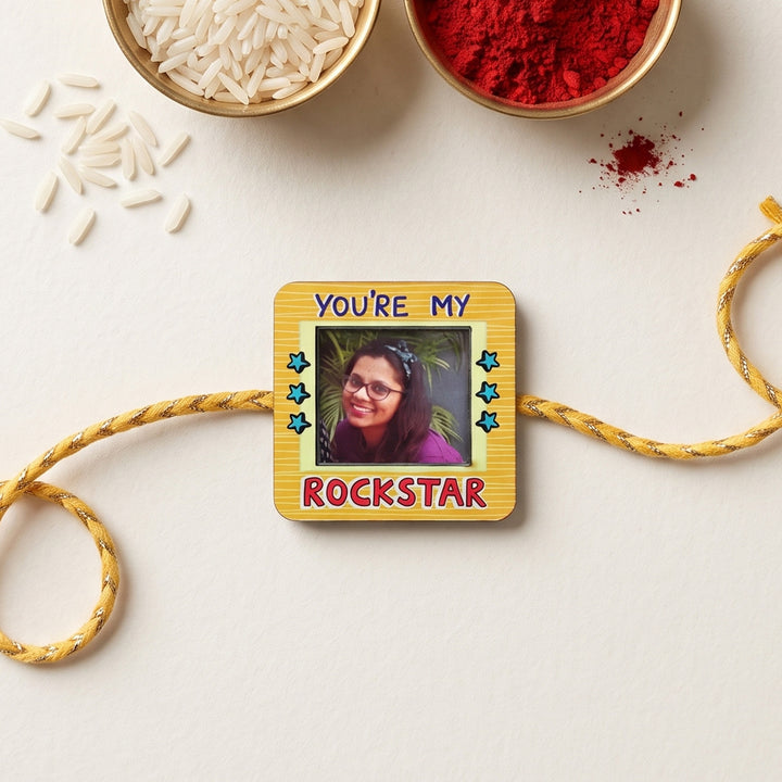 Photo Personalized Magnetic Printed Wooden 'You're My Rockstar' Rakhi With Kumkum Rice | Reusable As Fridge Magnet