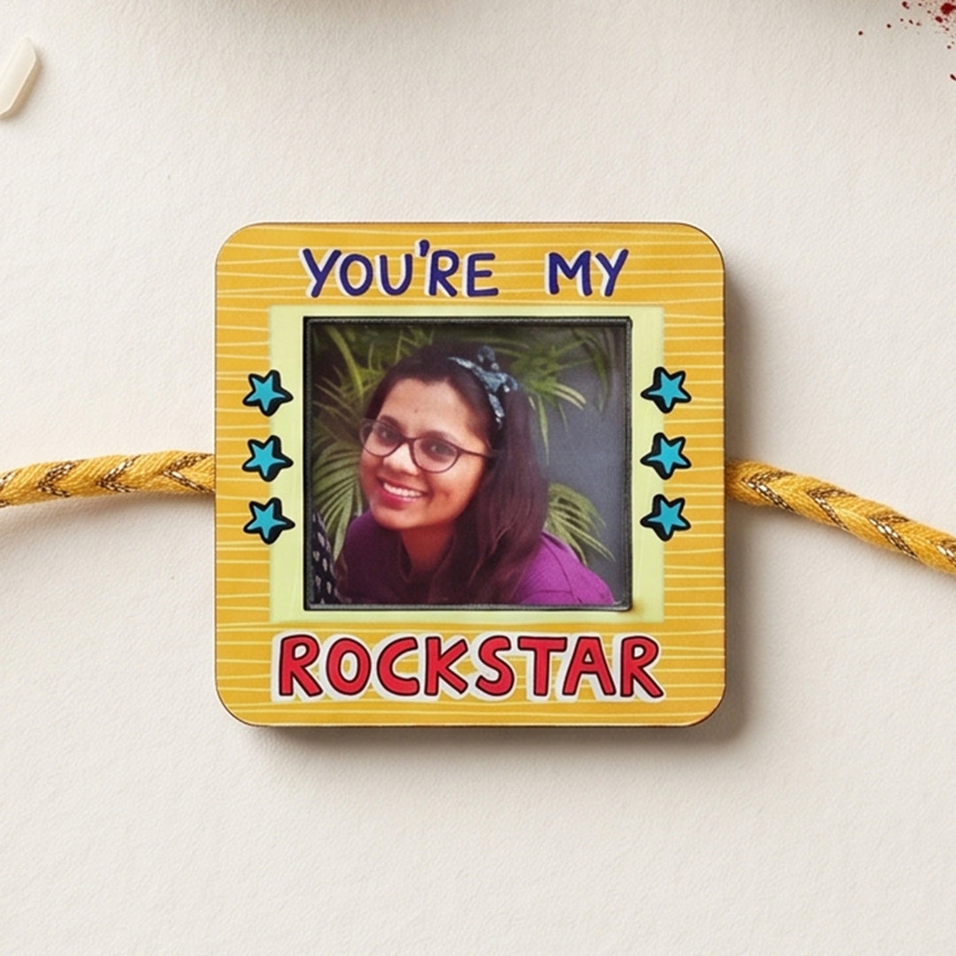 Photo Personalized Magnetic Printed Wooden 'You're My Rockstar' Rakhi With Kumkum Rice | Reusable As Fridge Magnet