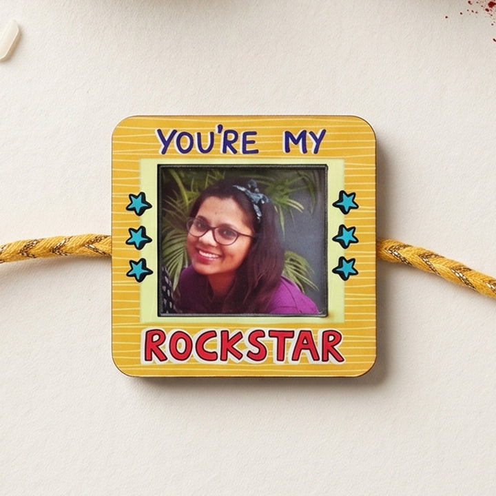 Photo Personalized Magnetic Printed Wooden 'You're My Rockstar' Rakhi With Kumkum Rice | Reusable As Fridge Magnet
