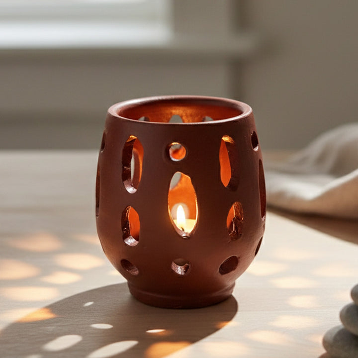 Natural Brown Terracotta Tealight Holder With Candle