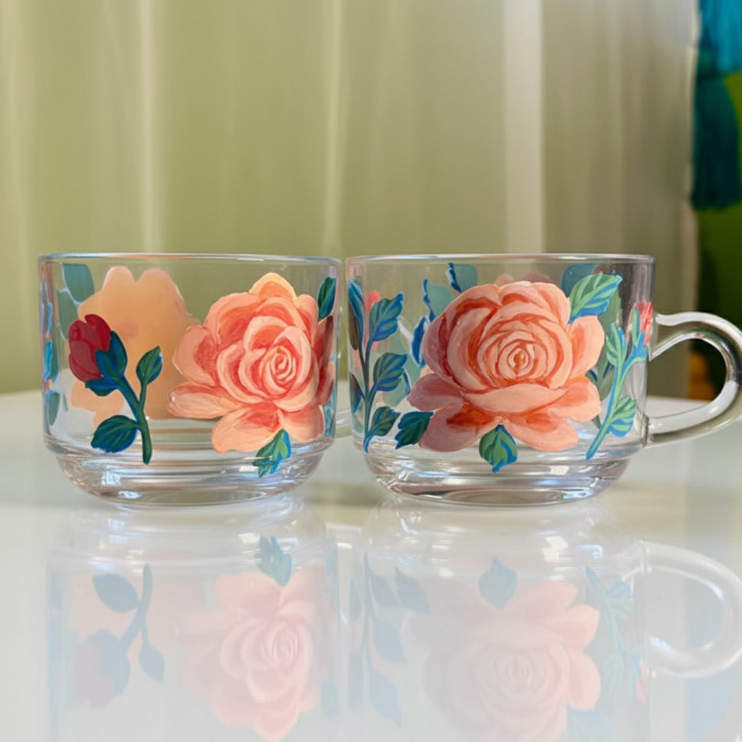 Hand-Painted Peach Roses Glass Tea Cups