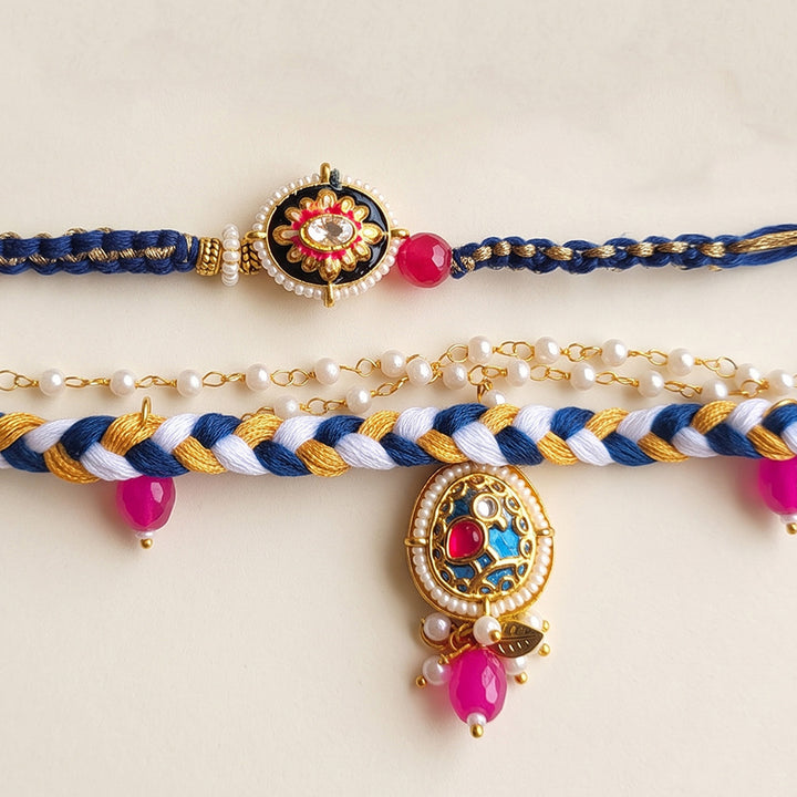 Handcrafted Jadau Blue Bird Bhaiya Bhabhi Rakhi With Roli Chawal | Set of 2