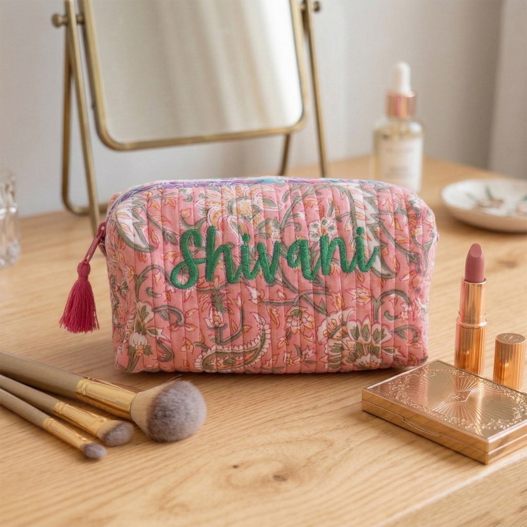 Personalized Block Printed Light Pink Cotton Cosmetic Pouch
