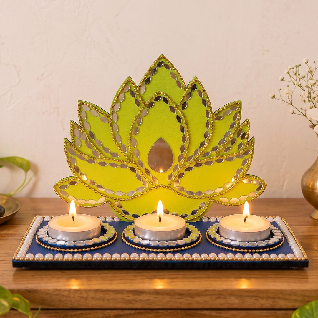 Handcrafted Lotus MDF 3-Slot Tealight Holder For Festive Decor