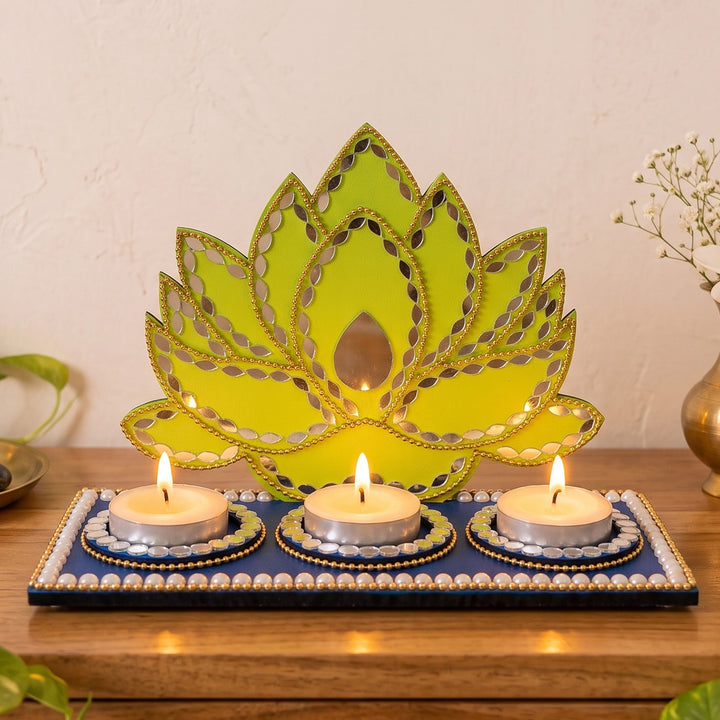 Handcrafted Lotus MDF 3-Slot Tealight Holder For Festive Decor