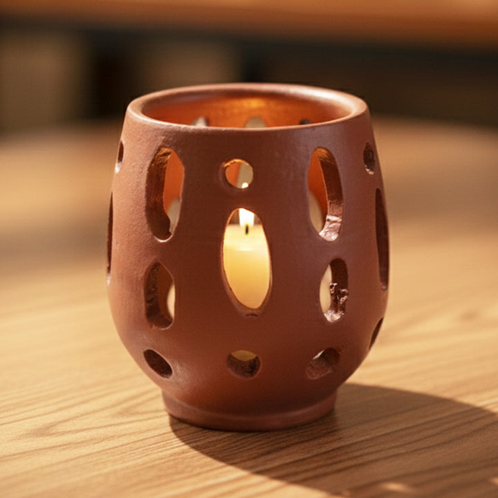 Natural Brown Terracotta Tealight Holder With Candle