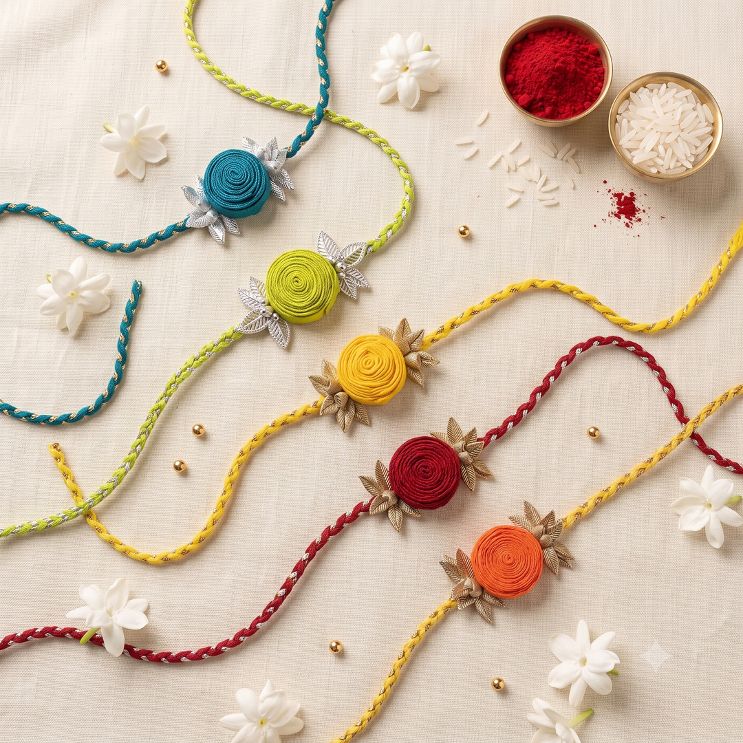 Handmade Rose Bloom Silk Fabric Rakhi For Brother With Roli Chawal