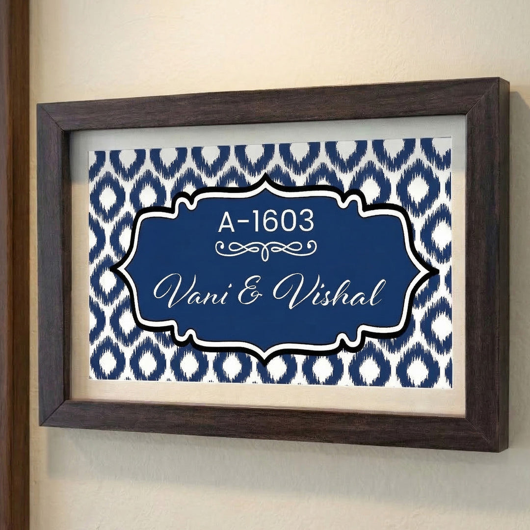 Handmade Blue Ikat Pattern Printed Name Plate With Wooden Frame