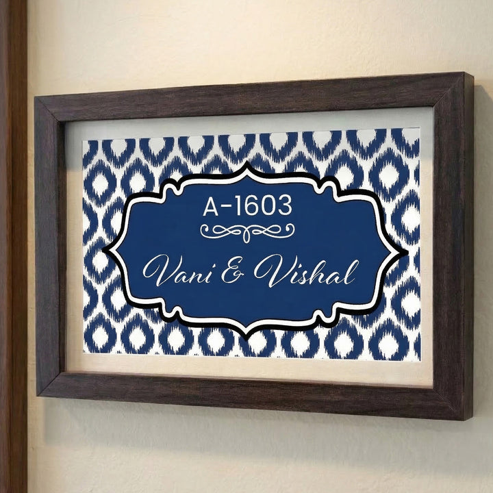 Handmade Blue Ikat Pattern Printed Name Plate With Wooden Frame