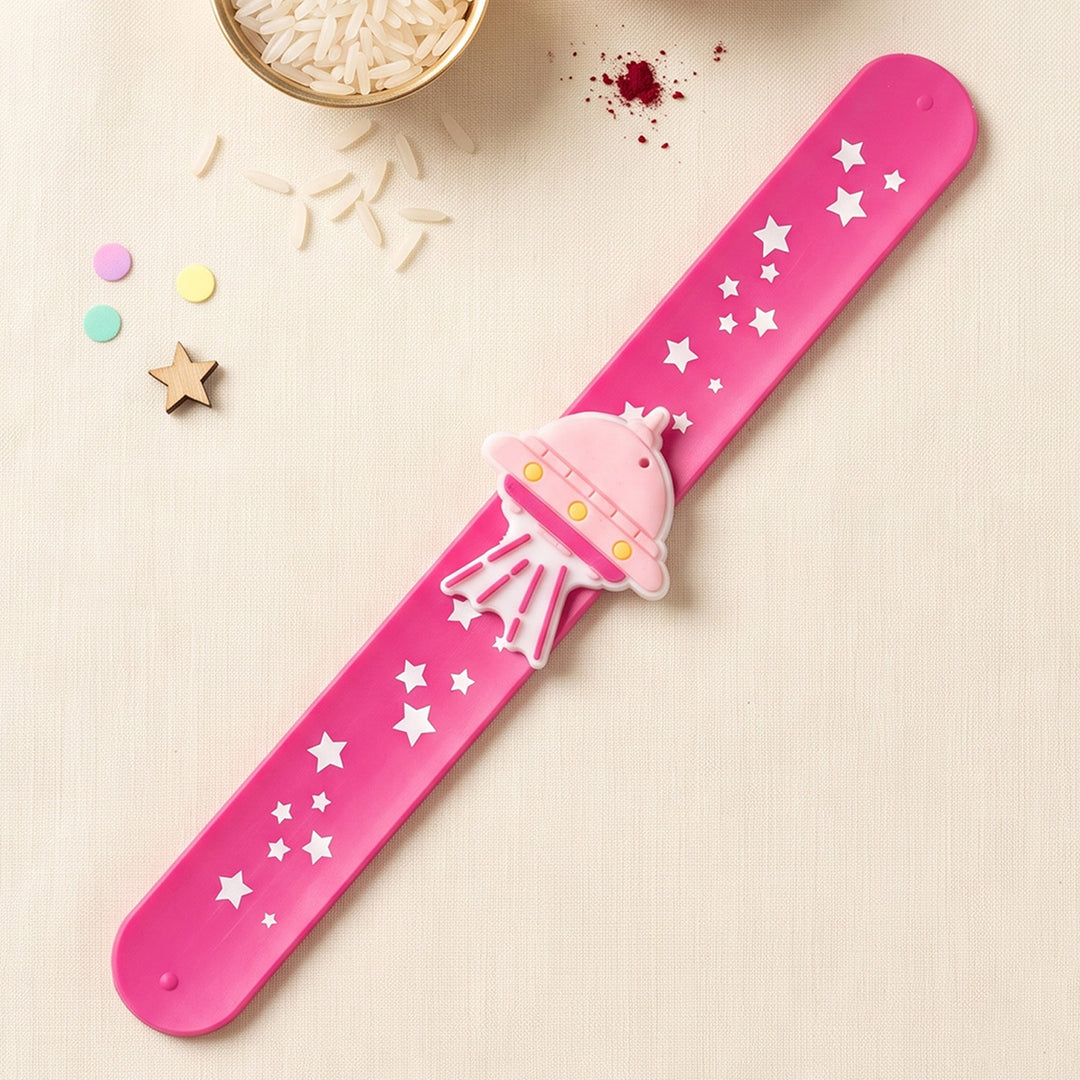 Handmade Spaceship Silicone Slap Band Rakhi For Kids With Roli Chawal For Brother