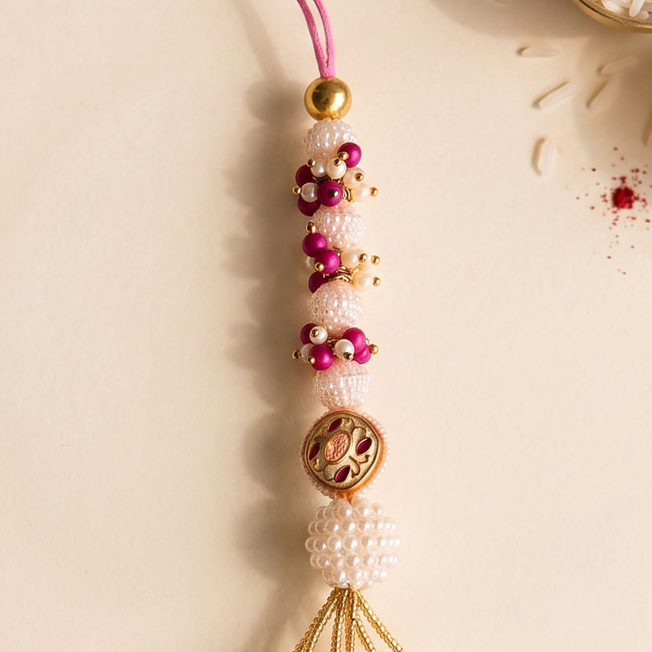 Hand-Knotted Pastel White Beaded Lumba With Roli Chawal For Bhabhi