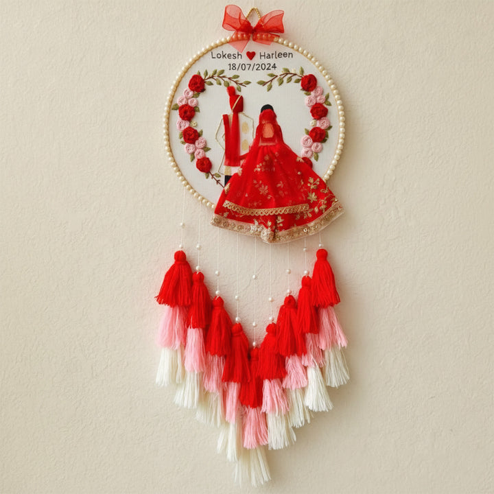 Personalized Embroidered Red & Pink Wedding Plaque With Tassels
