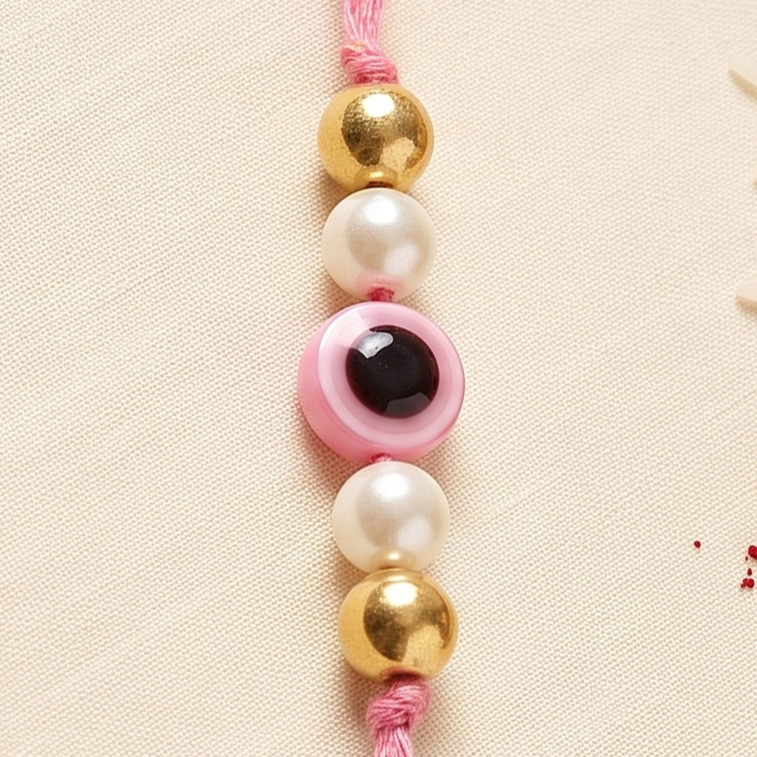 Handmade Evil Eye Pink Premium Agate Rakhi With Roli Chawal, Nariyal And Gift Box For Brother