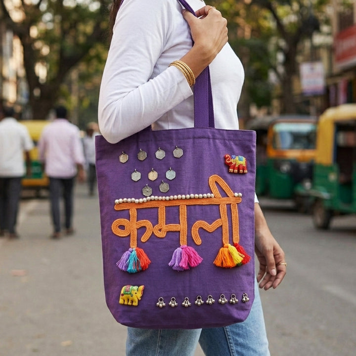 Hand-Embroidered Dori Work Purple Kamli Tote Bag