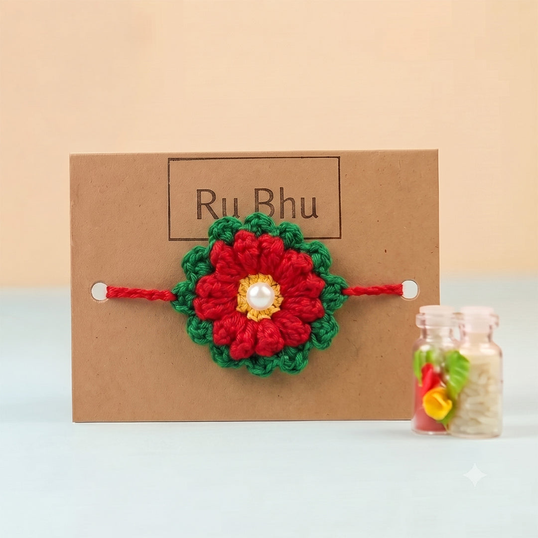 Handmade Crochet Blossom Pearl Floral Rakhi With Roli Chawal For Bhaiya