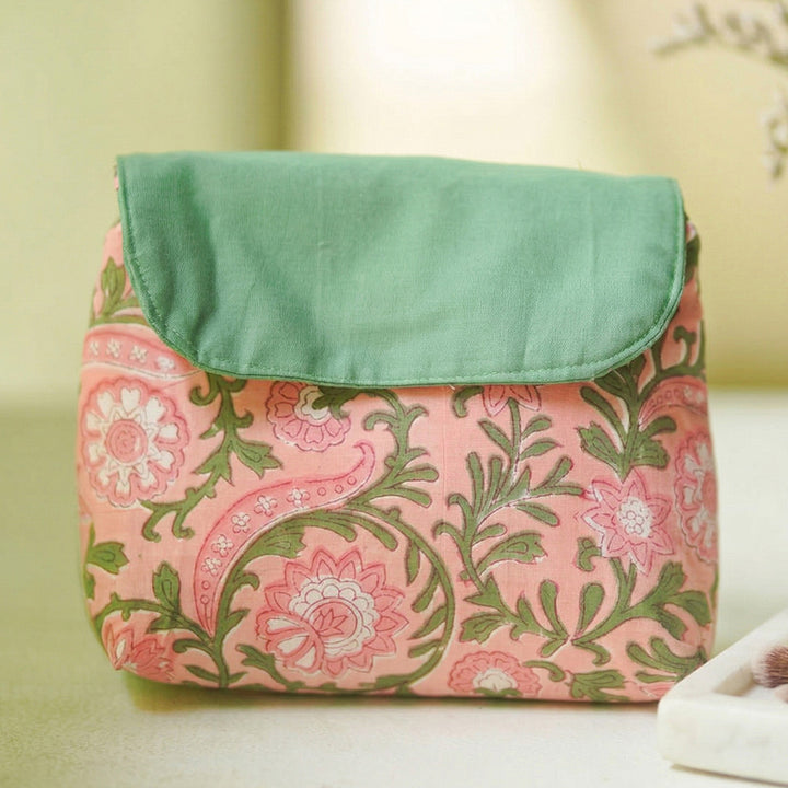 Pink & Green Floral Cotton Makeup Pouch