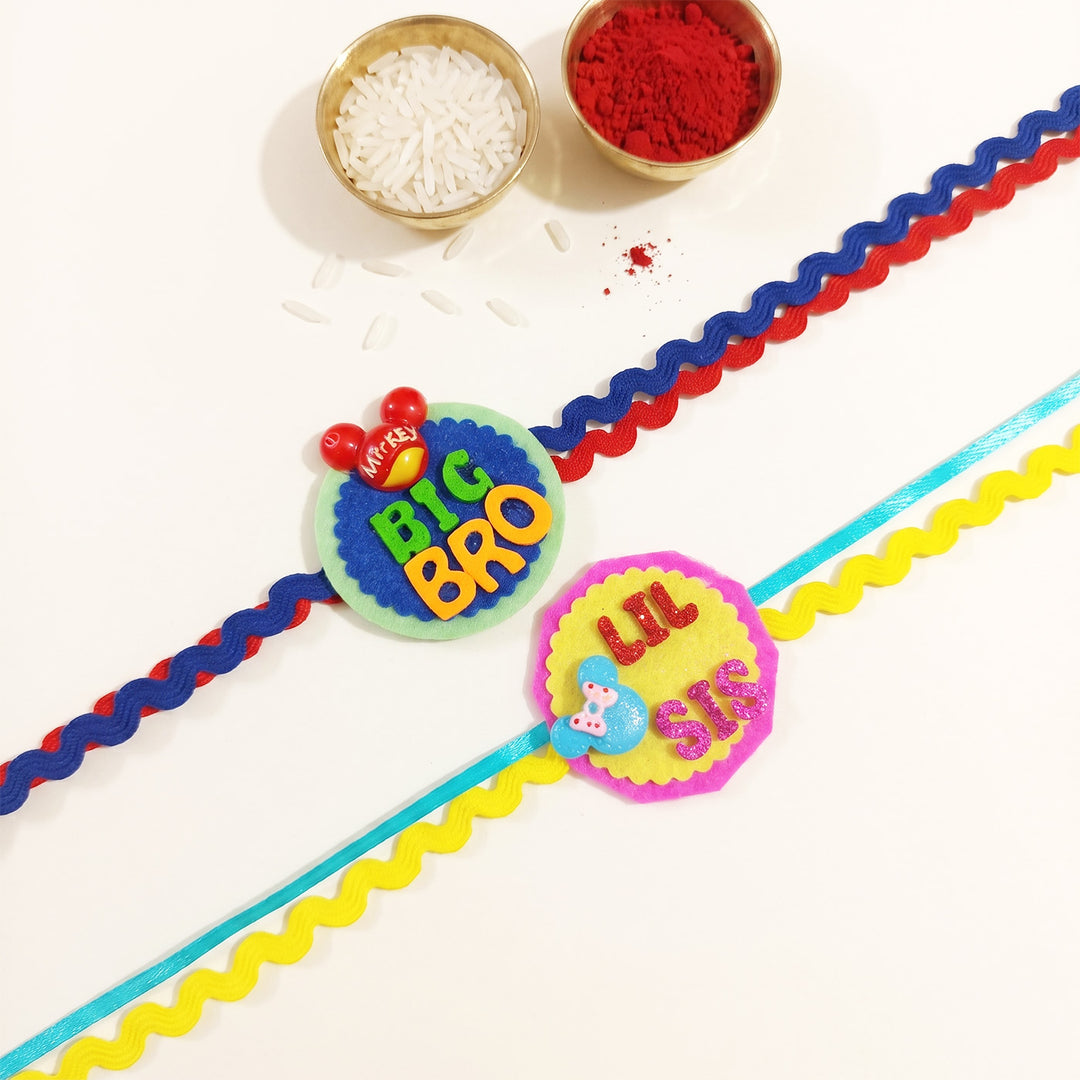 Handmade "Big Bro" Mickey & "Lil Sis" Mickey Felt Kids Rakhi Combo With Roli Chawal For Brother & Sister | Set Of 2