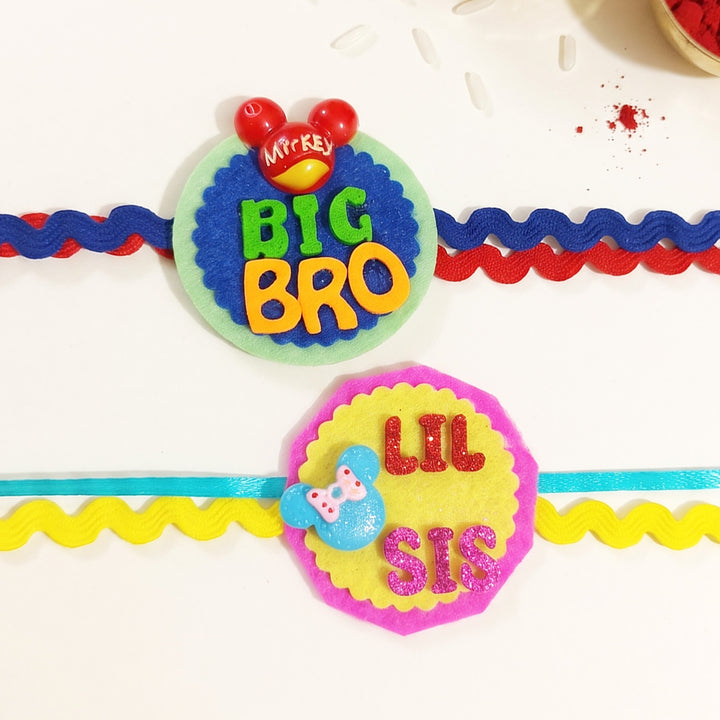 Handmade "Big Bro" Mickey & "Lil Sis" Mickey Felt Kids Rakhi Combo With Roli Chawal For Brother & Sister | Set Of 2