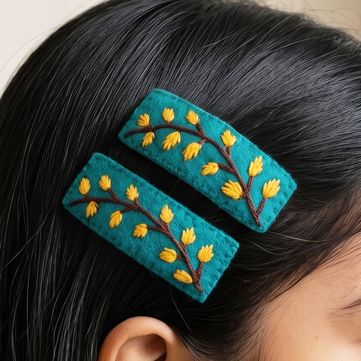 Hand-Embroidered Leaf Whisper Foliage Hair Clips | Set of 2