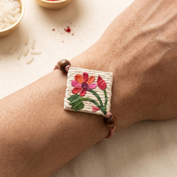 Handmade Pressed Flower Art Lotus Jute Rakhi With Roli Chawal For Bhaiya