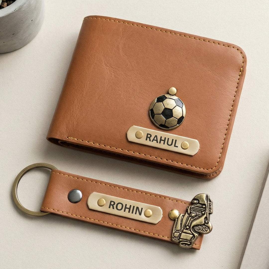 2 Pc | Personalized Faux Leather Gift Set For Men | Includes 1 Wallet, 1 Keychain