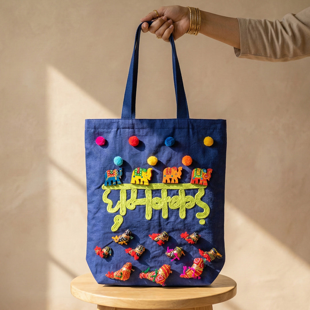 Hand-Embroidered Dori Work Blue Ghumakkar Tote Bag