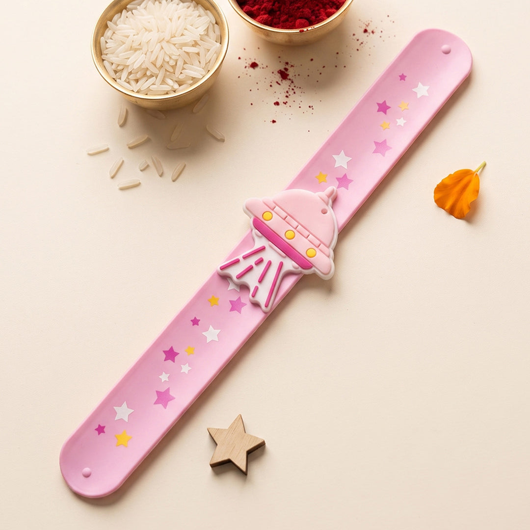 Handmade Spaceship Silicone Slap Band Rakhi For Kids With Roli Chawal For Brother
