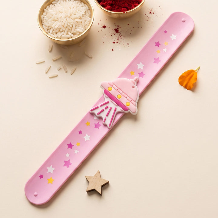 Handmade Spaceship Silicone Slap Band Rakhi For Kids With Roli Chawal For Brother