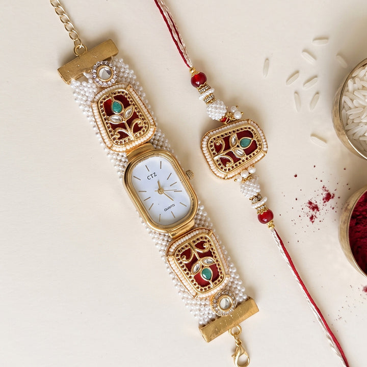 Kundan Moti Watch Bhaiya Bhabhi Rakhi Set With Roli Chawal | Set of 2