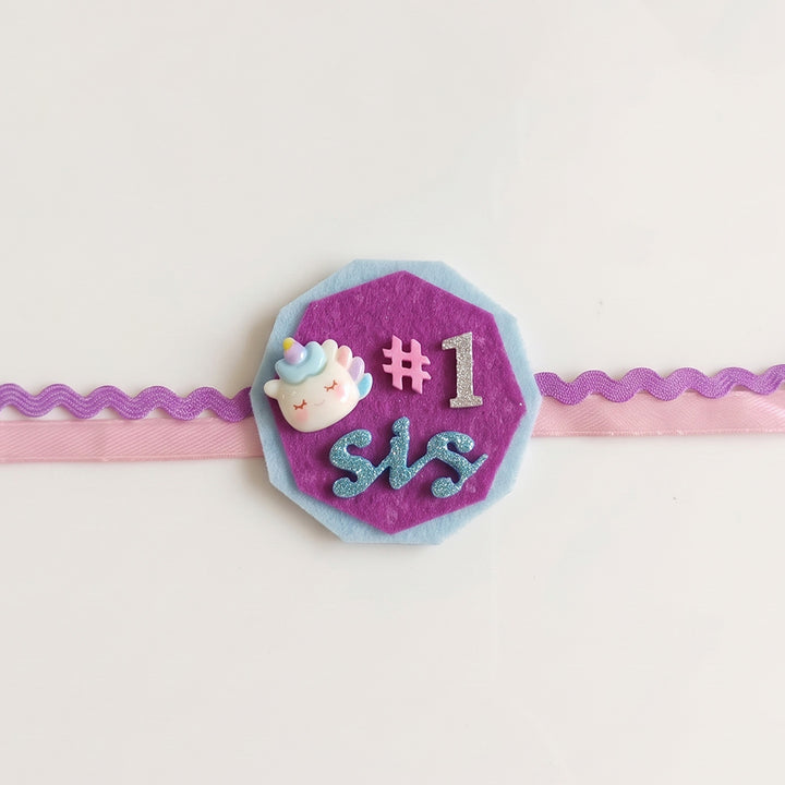 Handmade "No.1 Sis" Unicorn Theme Felt Kids Rakhi With Roli Chawal For Sister