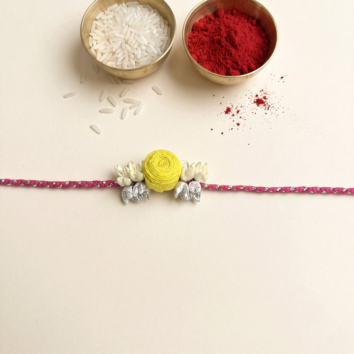 Handmade Rose & Mogra Bud Silk Rakhi For Brother With Roli Chawal